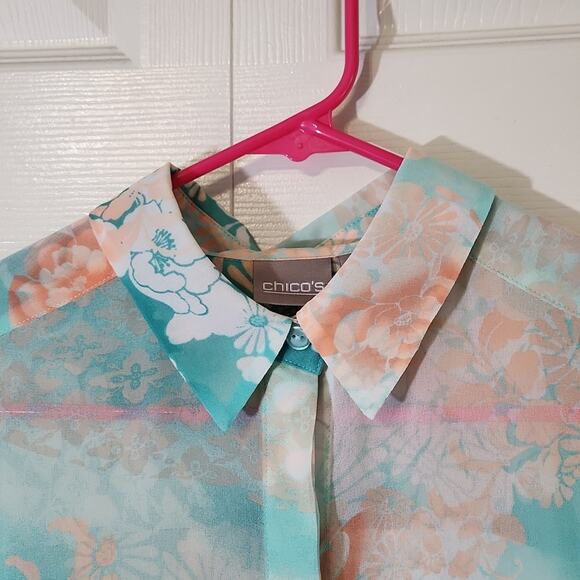 Chico's Women's Semi-sheer Button Down Multi-colored Floral Blouse Size 0/SM - Picture 7 of 11
